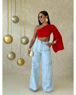 Calça jeans Wide Leg cargo