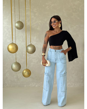 Calça jeans Wide Leg cargo